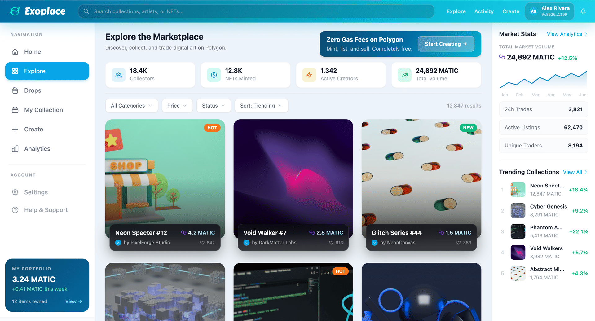 Exoplace NFT marketplace - consumer-grade gallery interface with seamless wallet connection and fast media loading